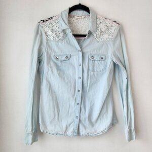 NWOT Naf Naf Paris Pearl Snap Denim Shirt Embroidered Rodeo Western Cowgirl S 34